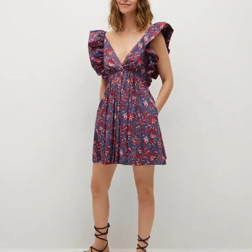 Mango X Chuffy floral ruffle sleeveless dress Navy Red 2